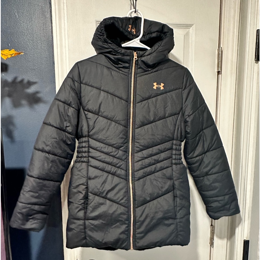 Like New Girls Under Armor Fur Lined Coat Size Large (14) Black/Rose Gold